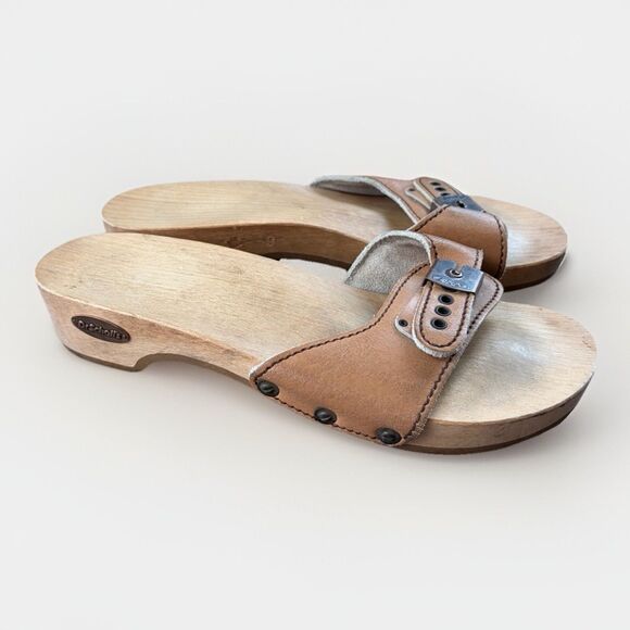 VTG Dr. Scholl’s Tan Leather Wood Sandals Size 9 Wooden 70’s Austria - Picture 1 of 10